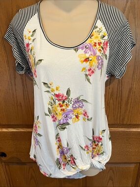 CY Fashions Scoop-Neck Floral Knot Front Tee with Striped Sleeves - Cream